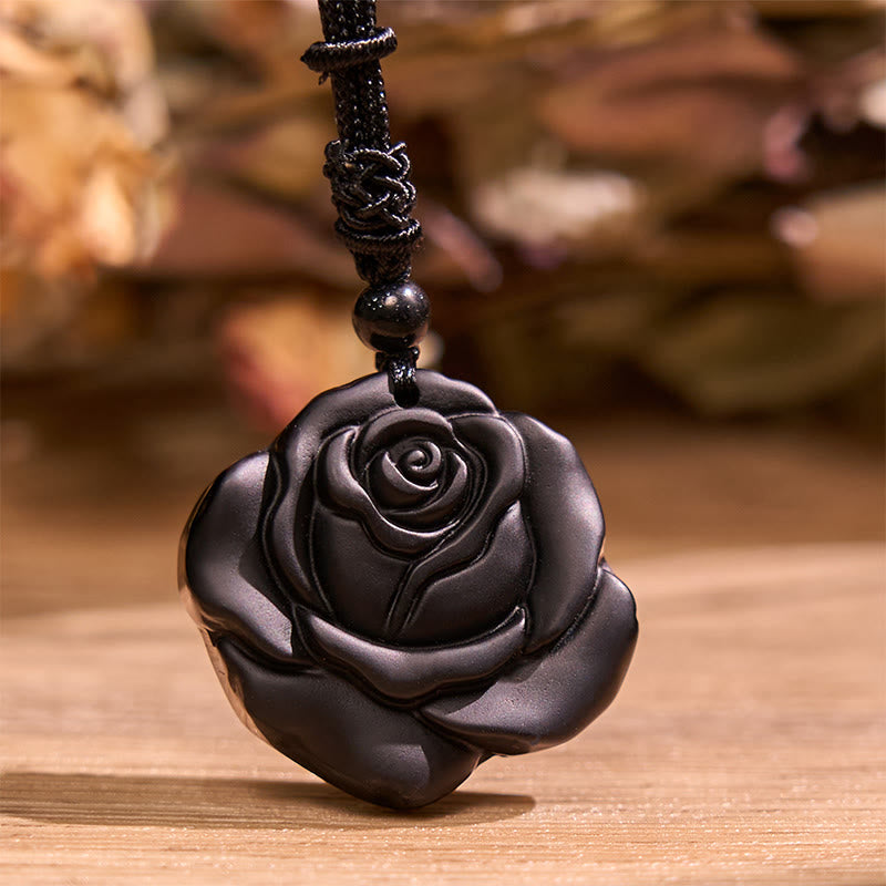 Black Obsidian Rose Pendant Necklace for Purification