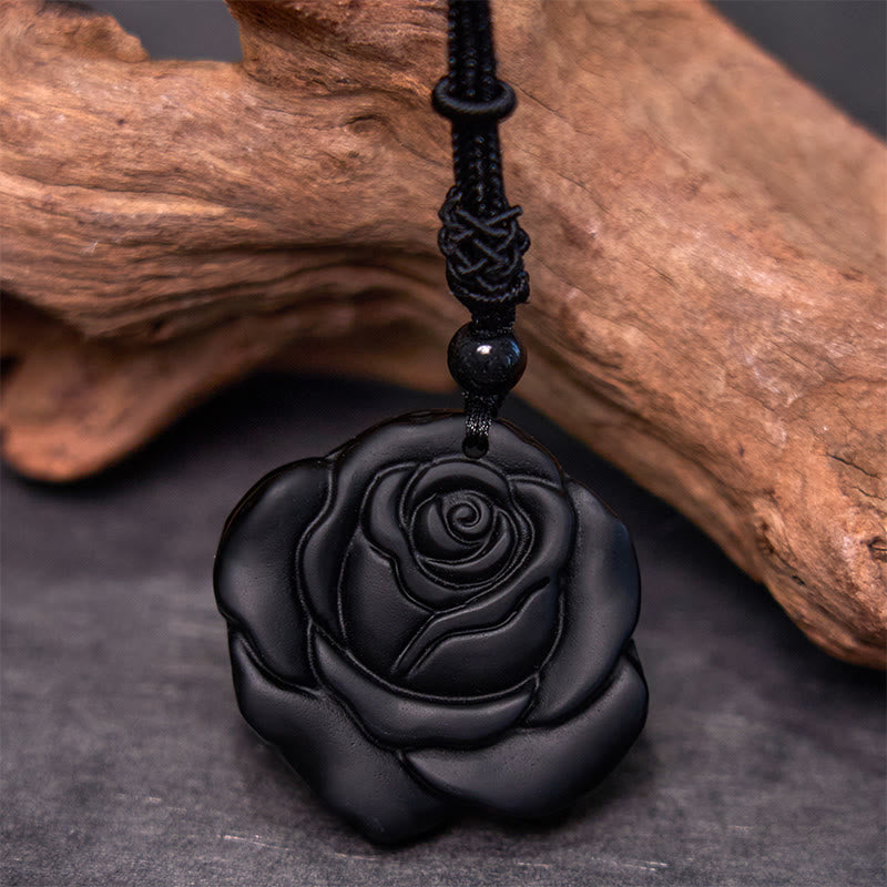 Black Obsidian Rose Pendant Necklace for Purification