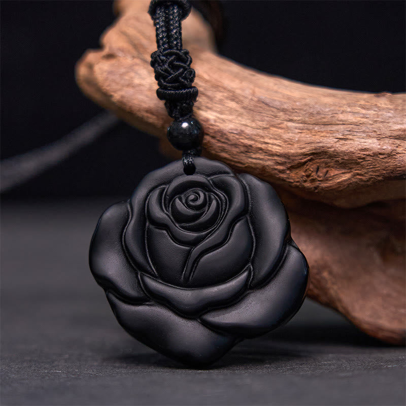 Black Obsidian Rose Pendant Necklace for Purification