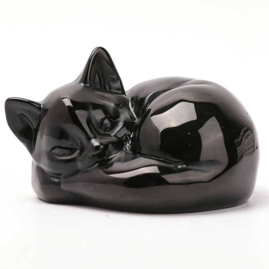 Black Obsidian Sleeping Cat Crystal Cat Figurine 3.2 Inch