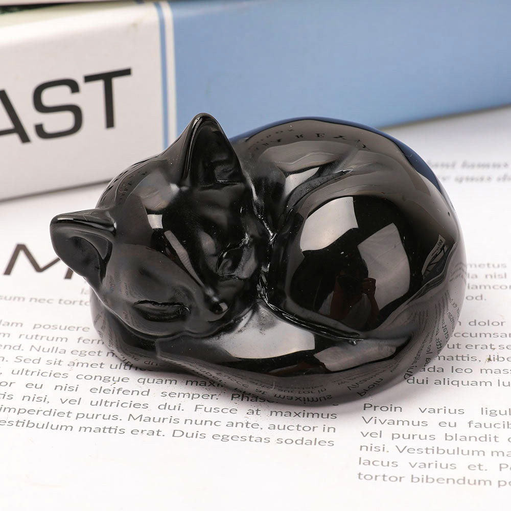Black Obsidian Sleeping Cat Crystal Cat Figurine 3.2 Inch