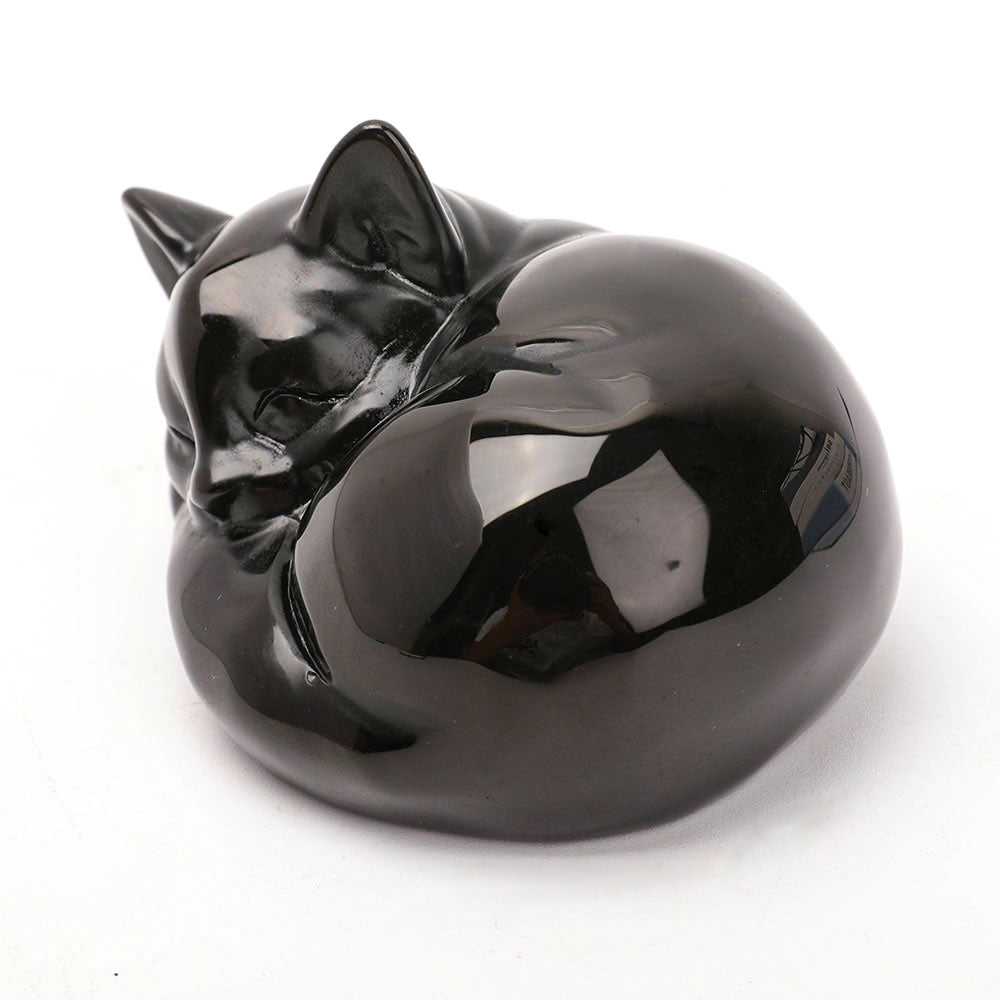 Black Obsidian Sleeping Cat Crystal Cat Figurine 3.2 Inch