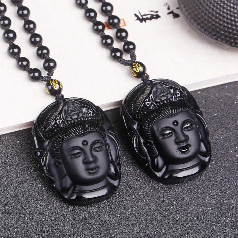 Black Obsidian Strength Necklace with Avalokitesvara Pendant