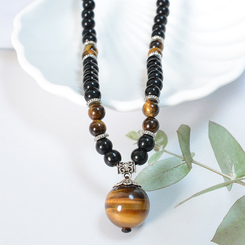 Black Obsidian Tiger Eye Necklace for Protection & Strength