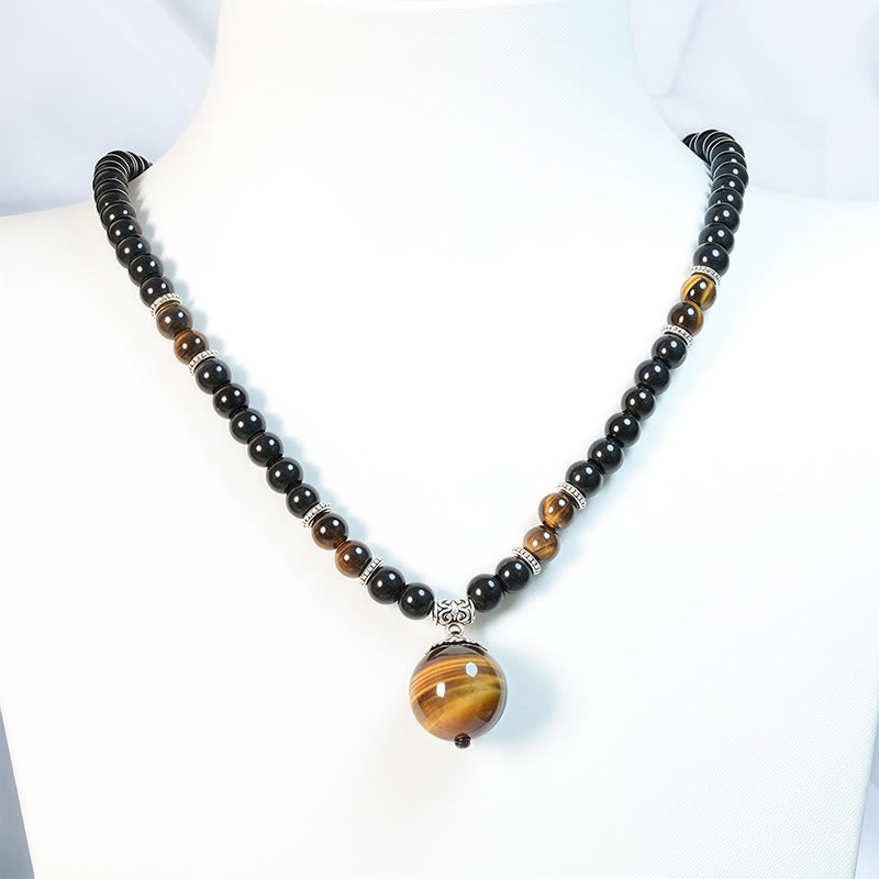 Black Obsidian Tiger Eye Necklace for Protection & Strength