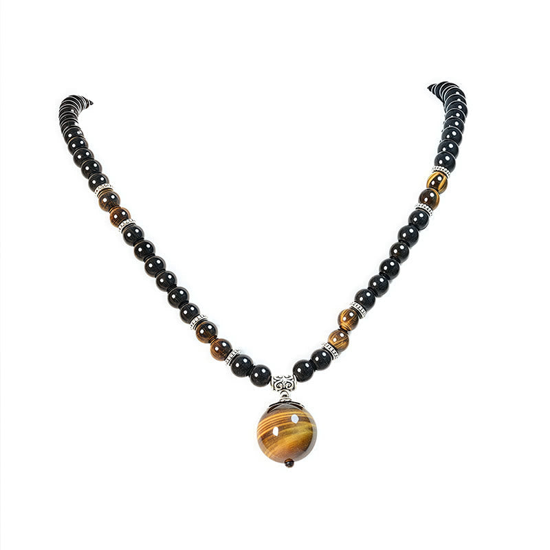 Black Obsidian Tiger Eye Necklace for Protection & Strength
