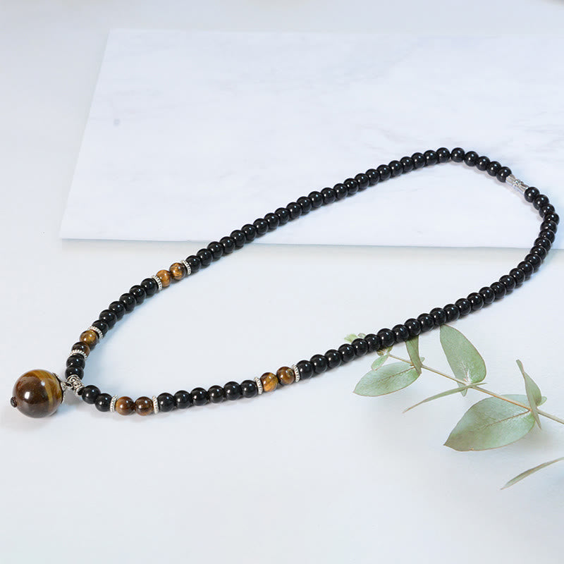 Black Obsidian Tiger Eye Necklace for Protection & Strength