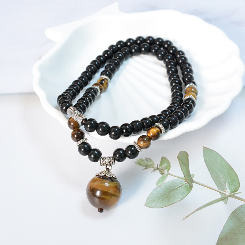 Black Obsidian Tiger Eye Necklace for Protection & Strength