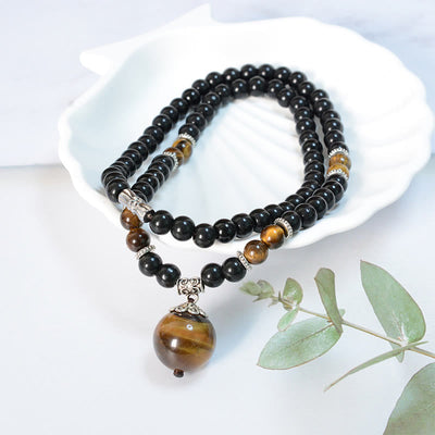 Black Obsidian Tiger Eye Necklace for Protection & Strength