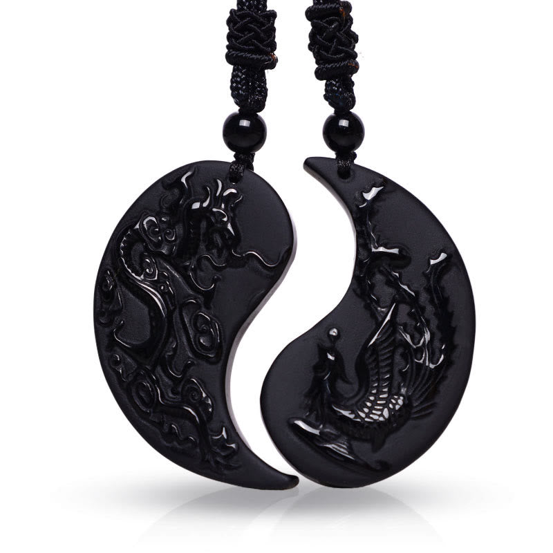 Black Obsidian Yin Yang Dragon Phoenix Necklace