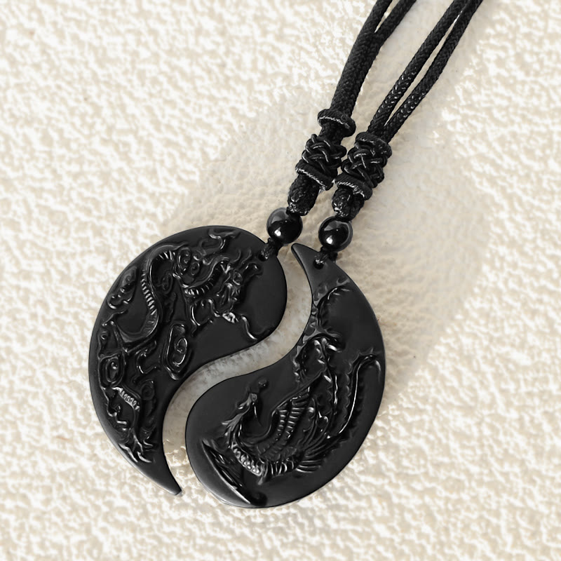 Black Obsidian Yin Yang Dragon Phoenix Necklace