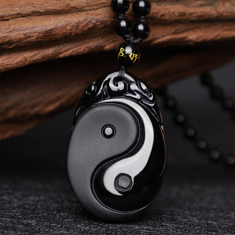 Black Obsidian Yin Yang Fulfilment Strength Pendant Necklace