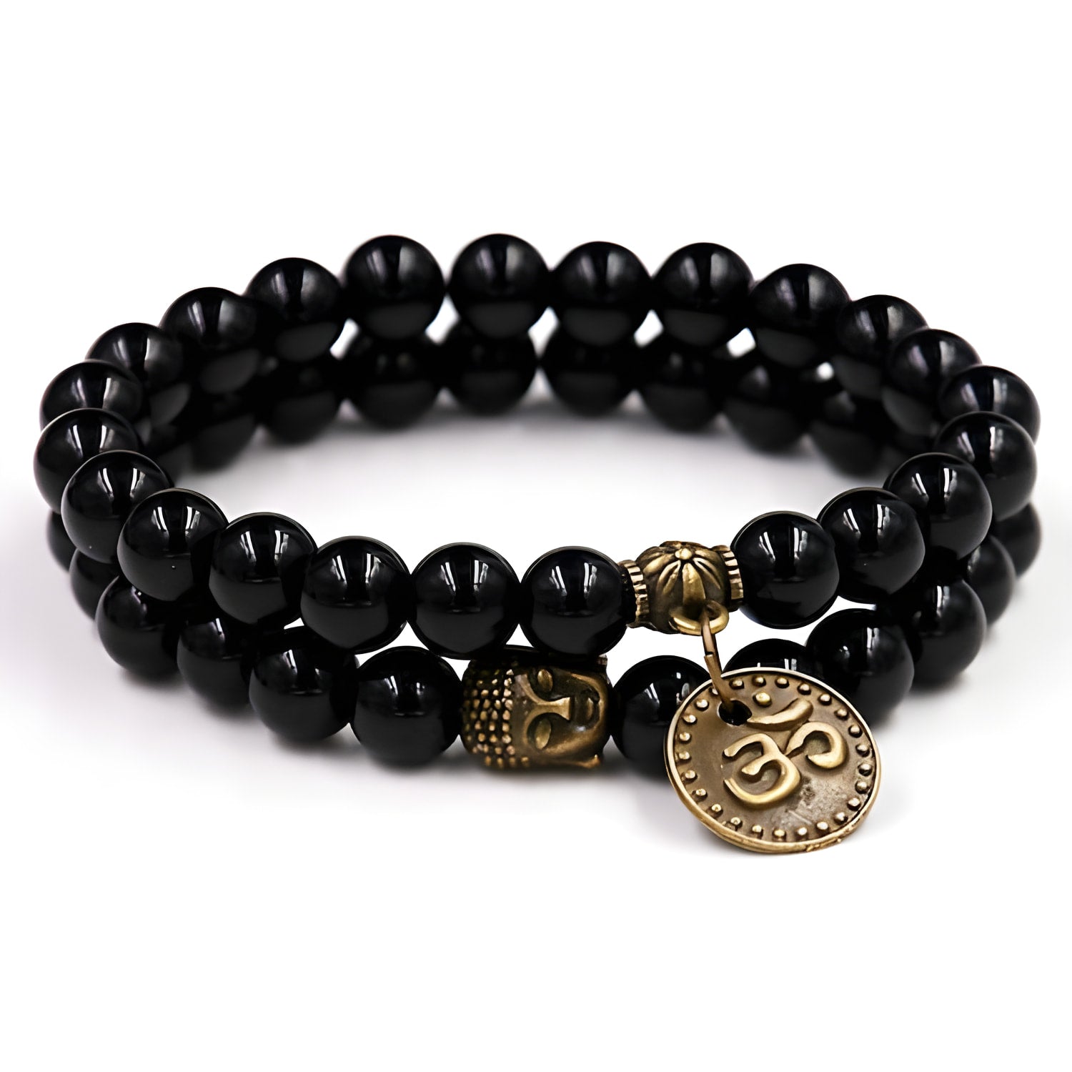 Black Onyx Om Symbol Bracelet with Buddha Charm