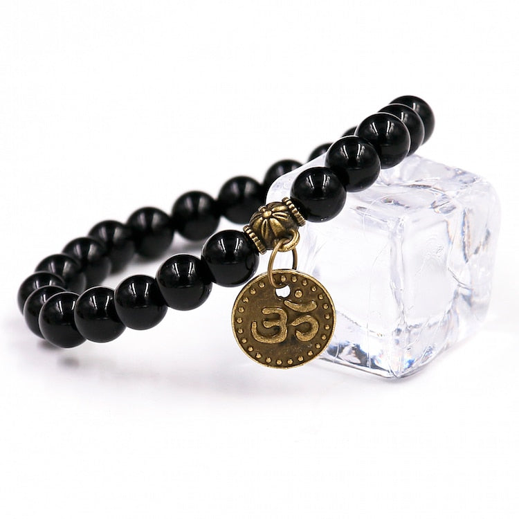 Black Onyx Om Symbol Bracelet with Buddha Charm