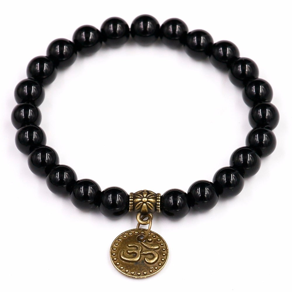 Black Onyx Om Symbol Bracelet with Buddha Charm