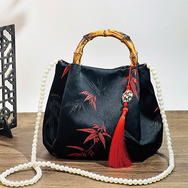 Black Polyester Cotton Embroidered Leaves Bag with Bamboo Handle