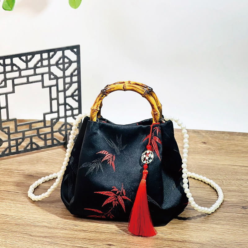 Black Polyester Cotton Embroidered Leaves Bag with Bamboo Handle
