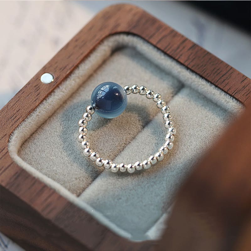 Blue Candy Agate 8mm Healing Bead Ring - Sterling Silver
