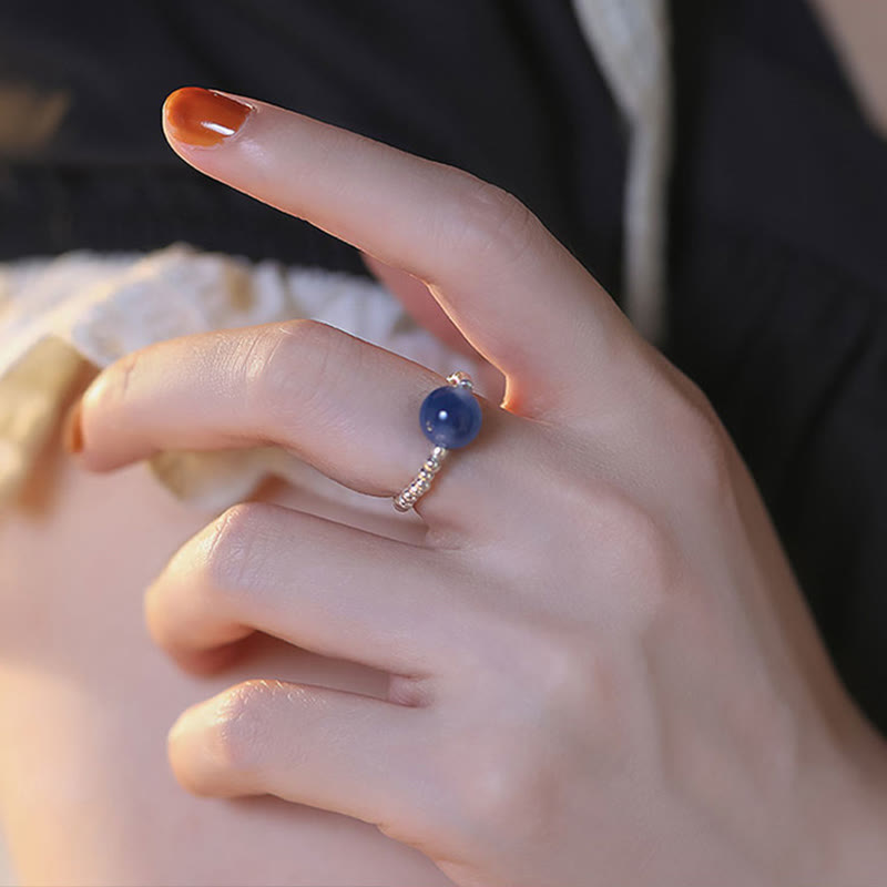 Blue Candy Agate 8mm Healing Bead Ring - Sterling Silver