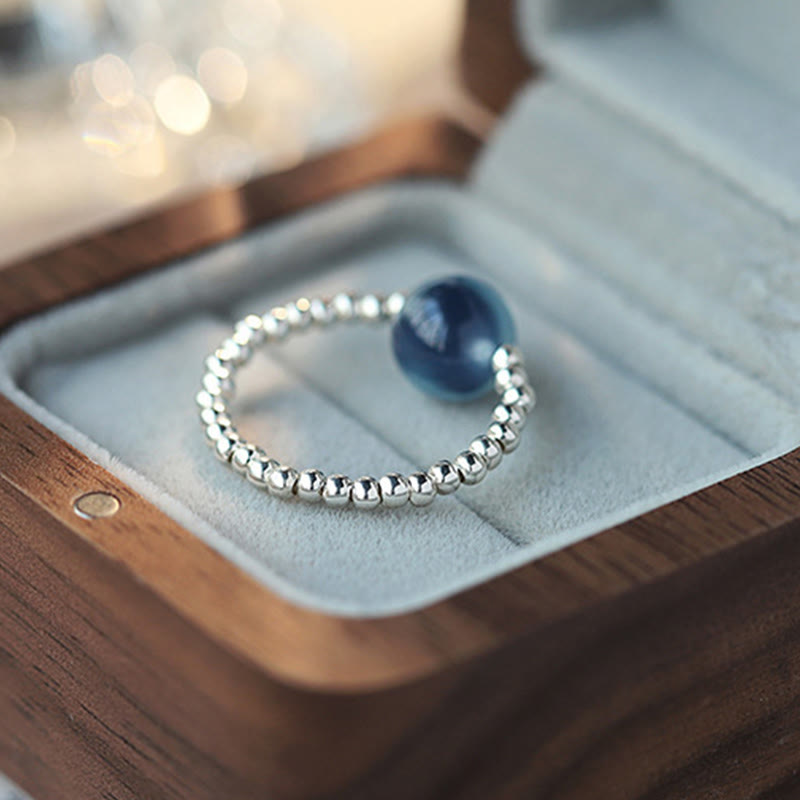 Blue Candy Agate 8mm Healing Bead Ring - Sterling Silver