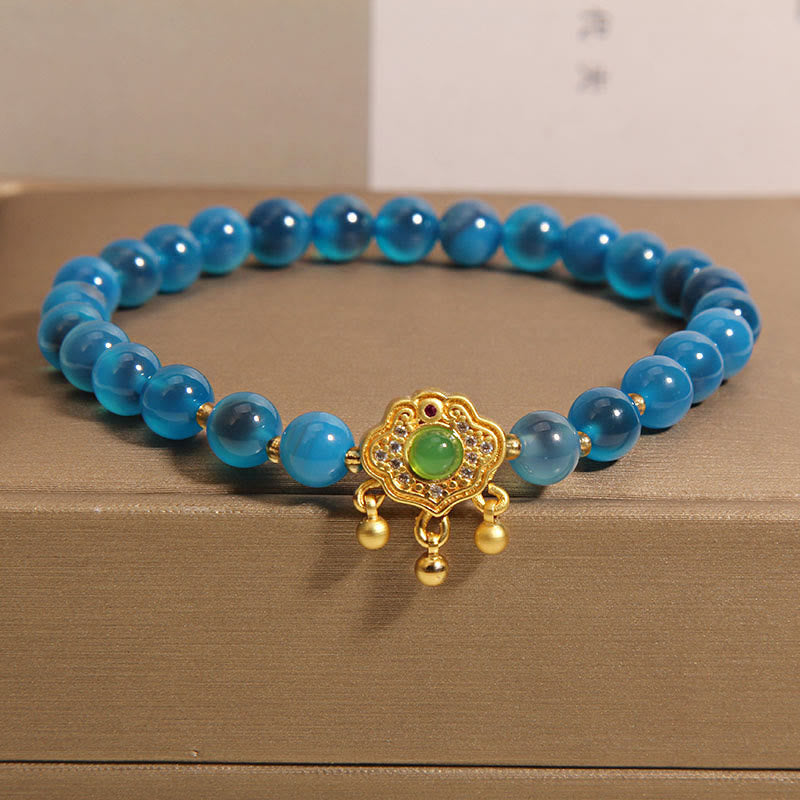 Blue Candy Agate Bracelet with Chinese Lock Charm for Protection