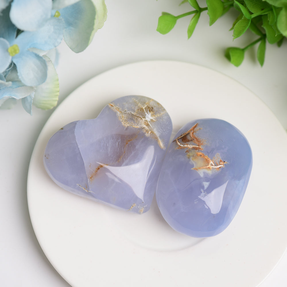Blue Chalcedony 2-2.5 Inch Heart & Palm Stone Healing Crystal