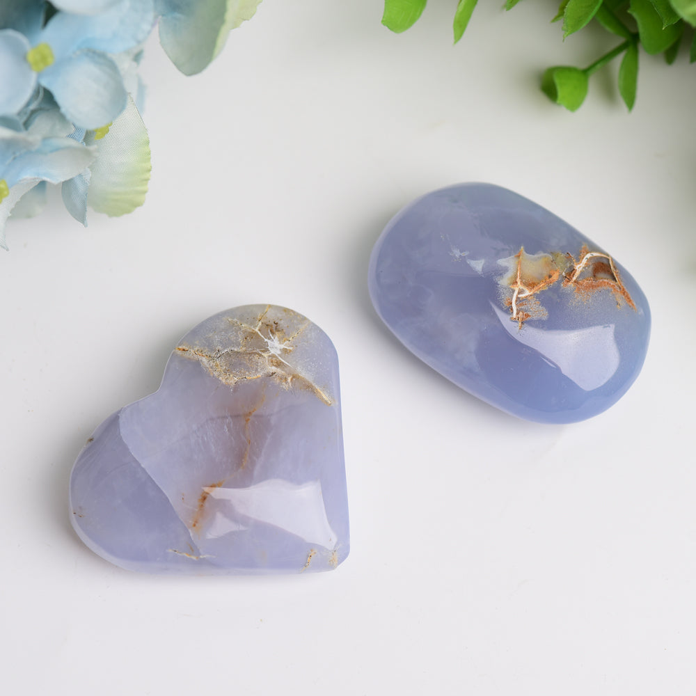Blue Chalcedony 2-2.5 Inch Heart & Palm Stone Healing Crystal