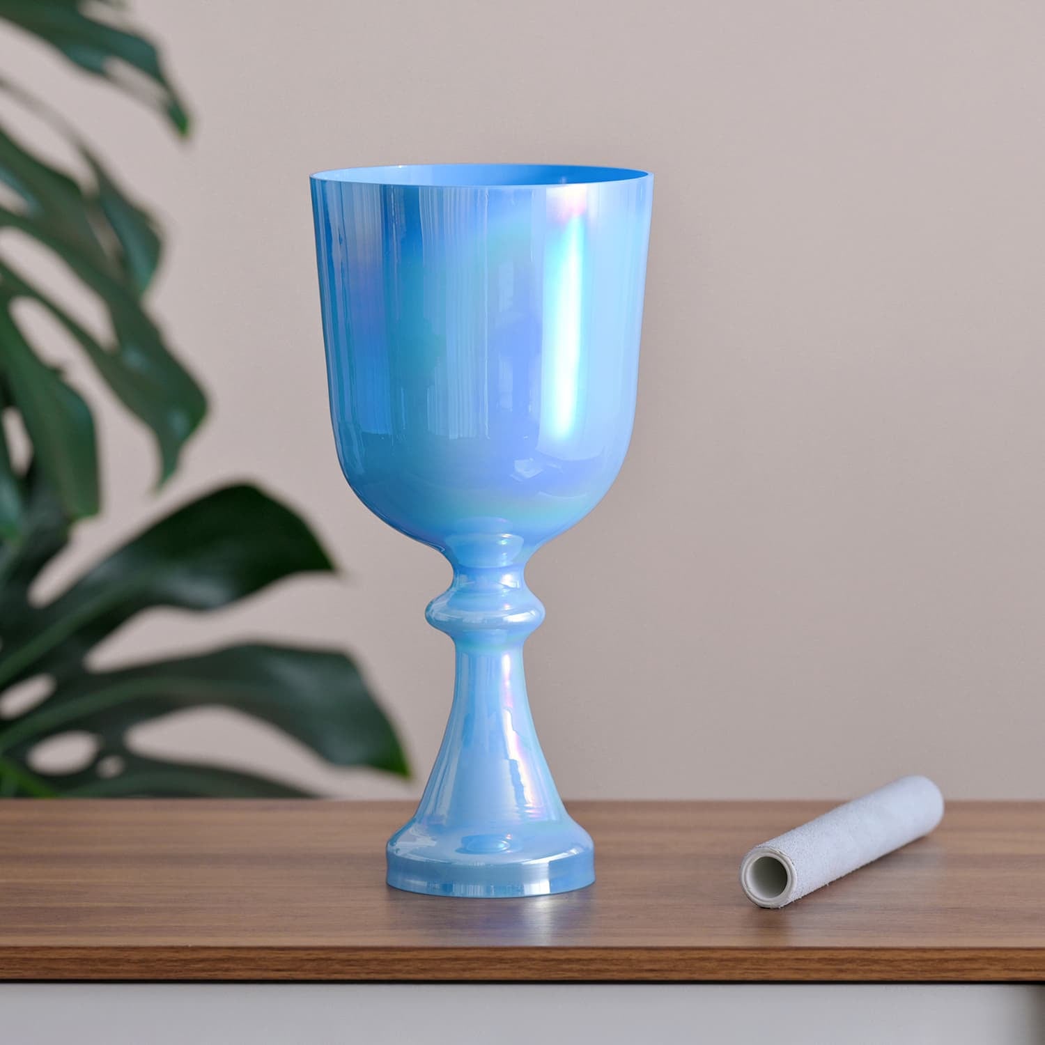 Light blue chalice-style goblet with decorative stem for sound healing