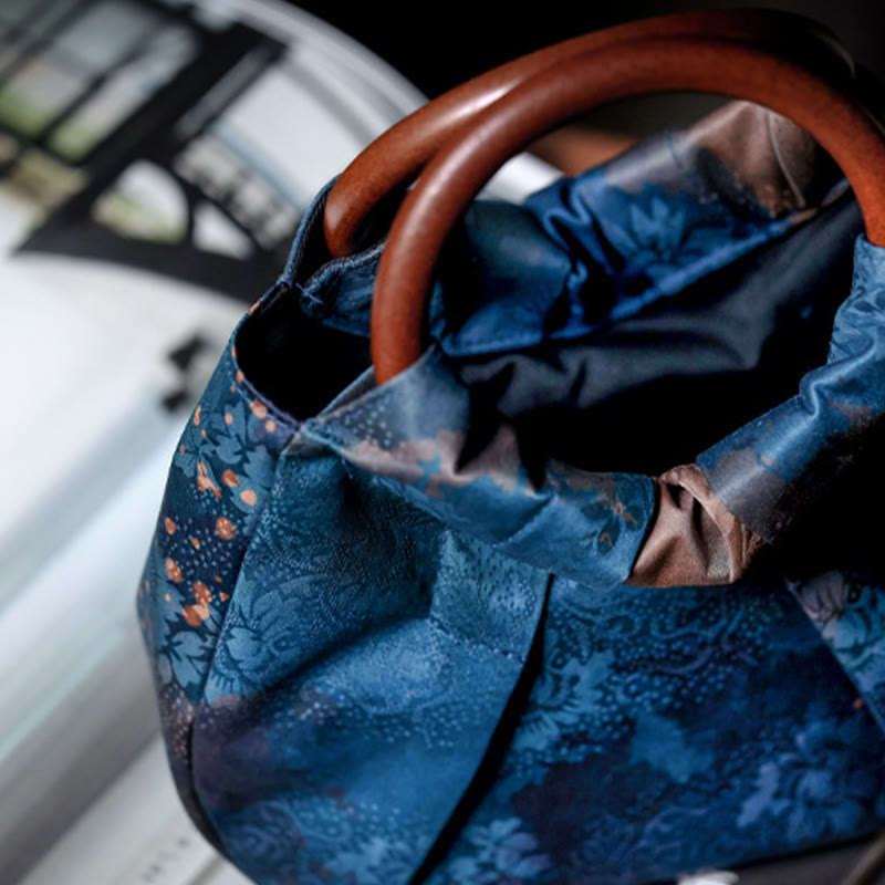 Blue Handmade Jacquard Flower Wooden Handle Bag 23cm
