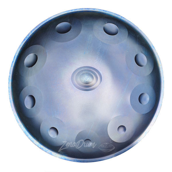 Blue Handpan Drum in D Minor featuring circular tone fields for sale