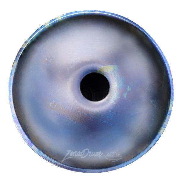 Circular Blue Handpan Drum in D Minor with black hole and blue-gray swirls