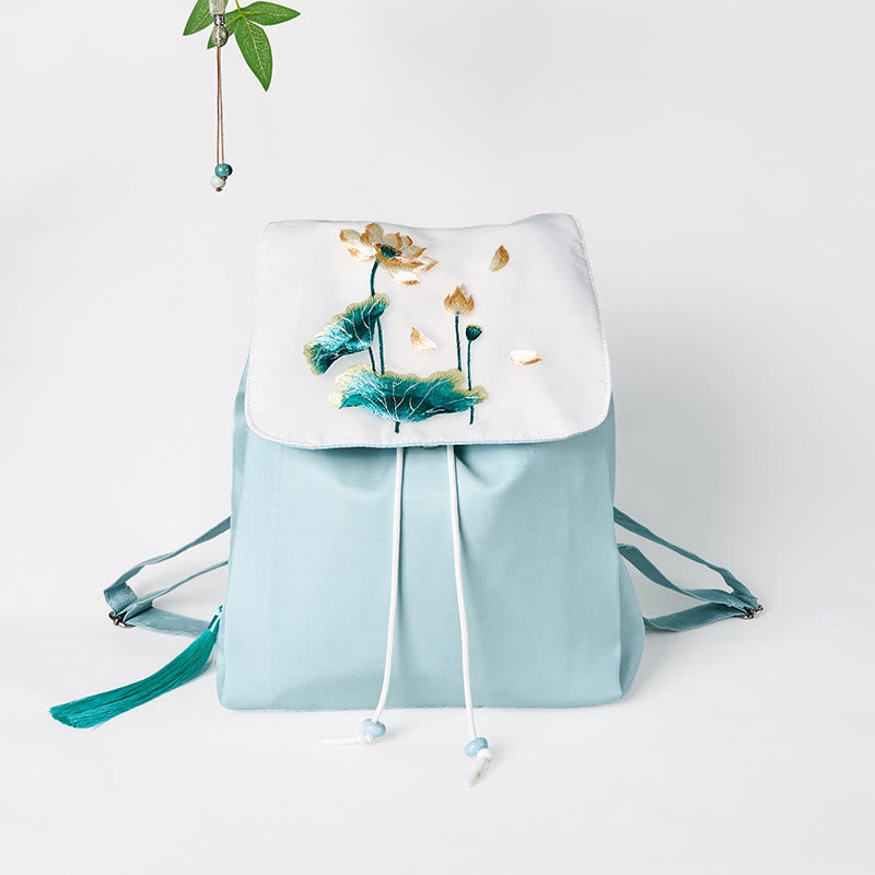 Blue Lotus Embroidered Canvas Backpack | Yoga Bag