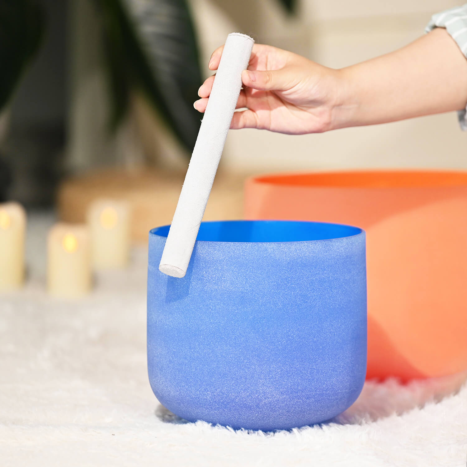 Blue Throat Chakra Crystal Singing Bowl for Sleep with white mallet being played