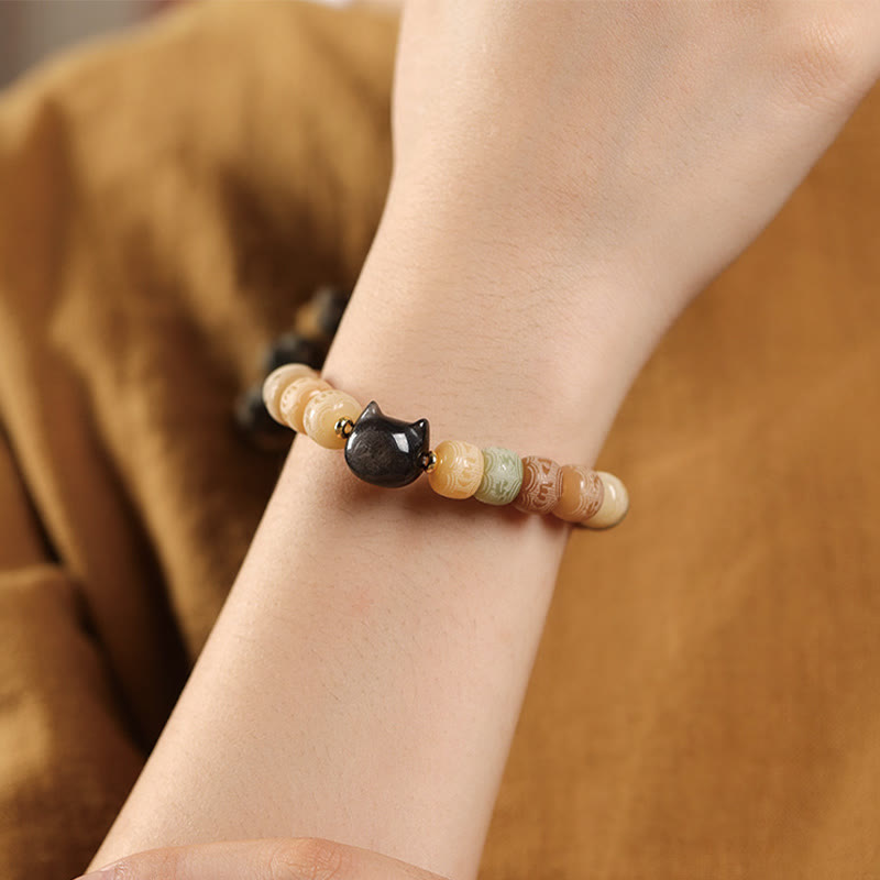 Bodhi Seed & Obsidian Cat Head Wisdom Bracelet