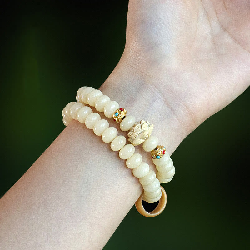 Bodhi Seed Peach Wood Lotus Wealth Double Wrap Bracelet