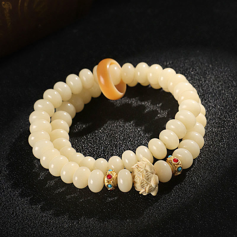 Bodhi Seed Peach Wood Lotus Wealth Double Wrap Bracelet