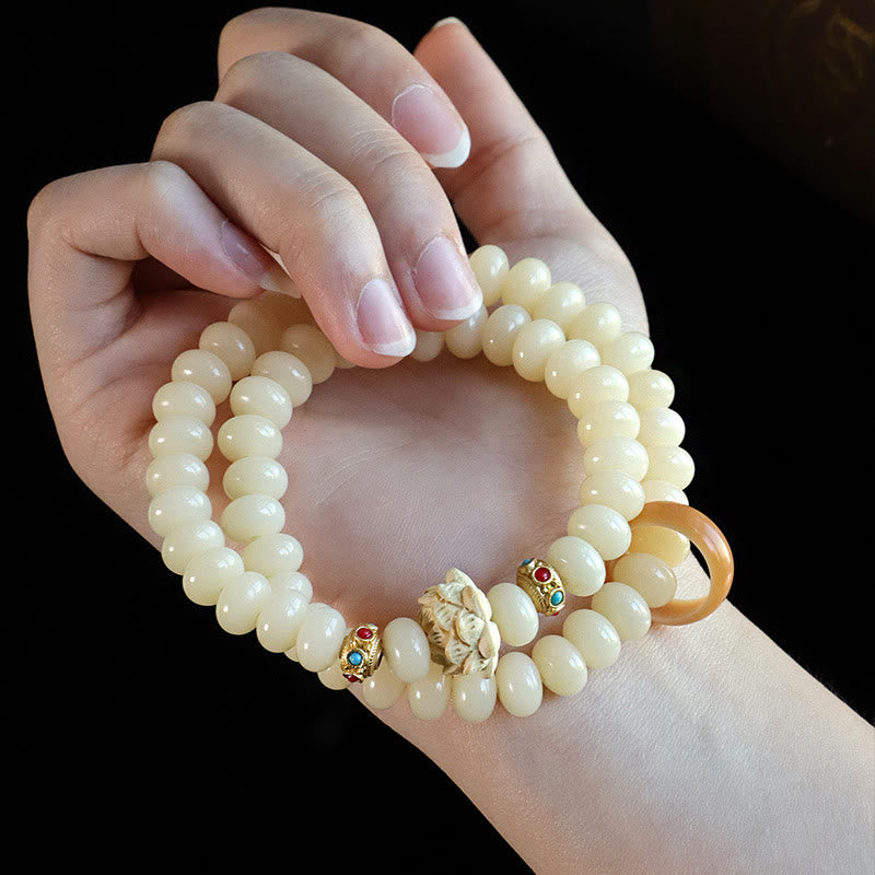 Bodhi Seed Peach Wood Lotus Wealth Double Wrap Bracelet