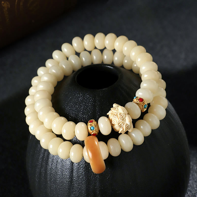 Bodhi Seed Peach Wood Lotus Wealth Double Wrap Bracelet