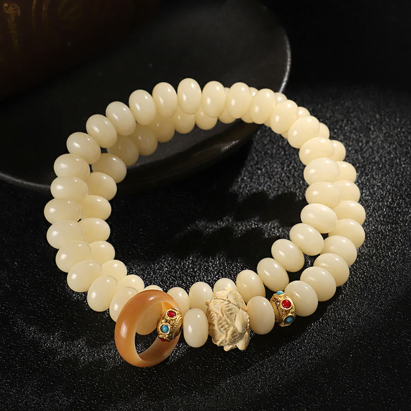 Bodhi Seed Peach Wood Lotus Wealth Double Wrap Bracelet