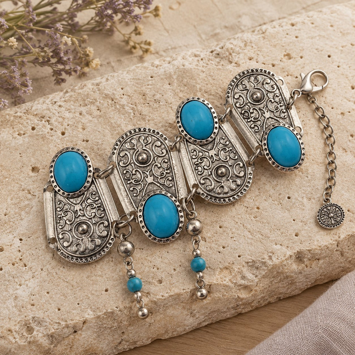 Boho Turquoise Flower Ring Bracelet Hand Chain, close-up of cuff plates and clasp