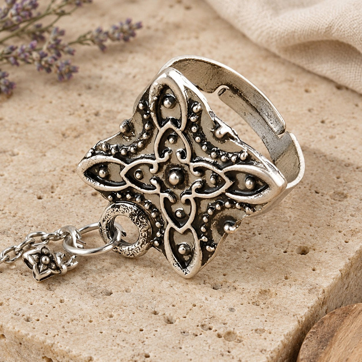 Boho Turquoise Flower Ring Bracelet Hand Chain, close-up of the flower ring
