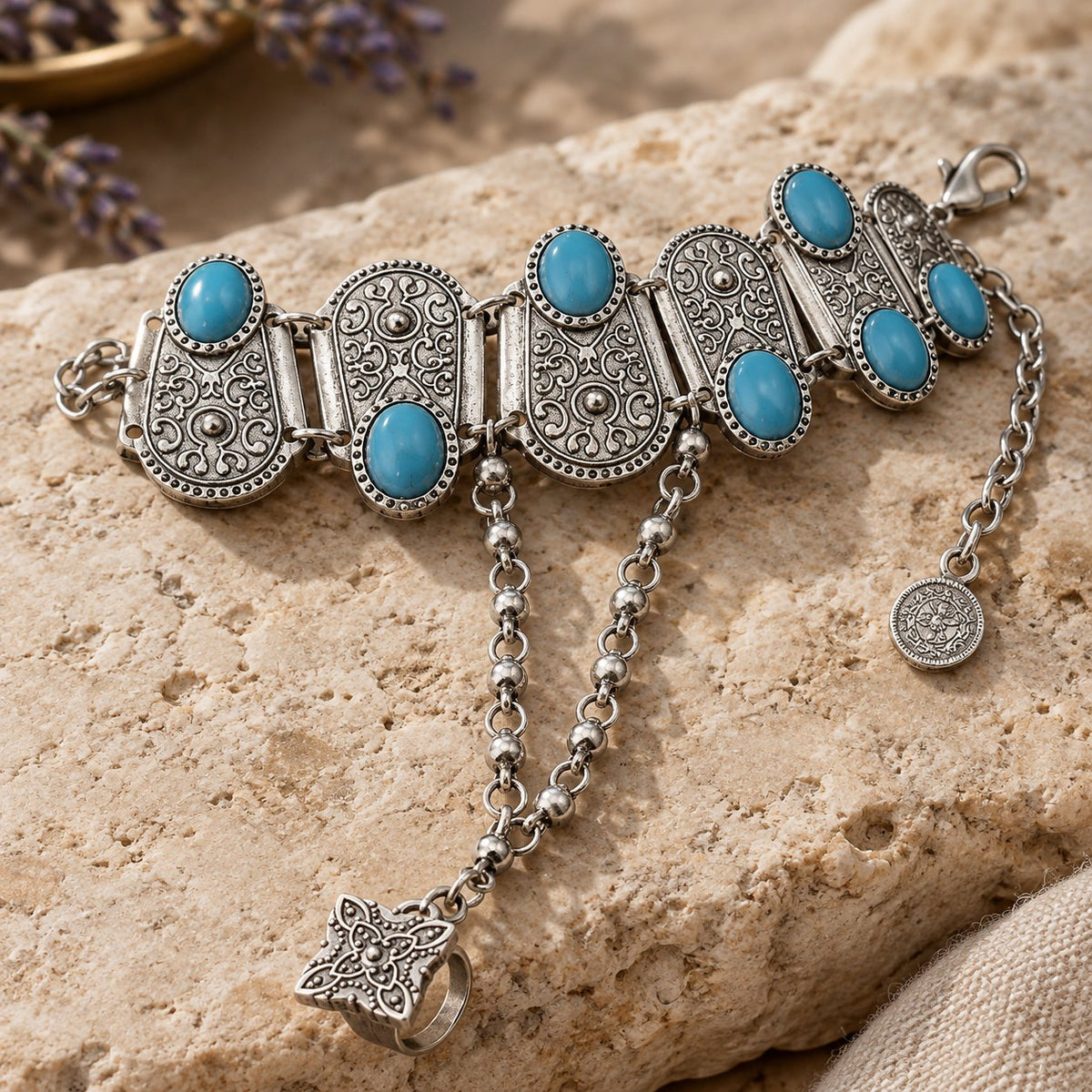 Boho Turquoise Flower Ring Bracelet Hand Chain, close-up of the material and finish