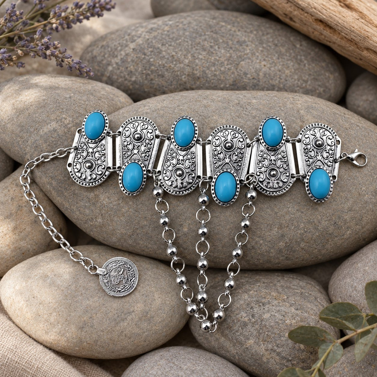 Boho Turquoise Flower Ring Bracelet Hand Chain, cuff laid