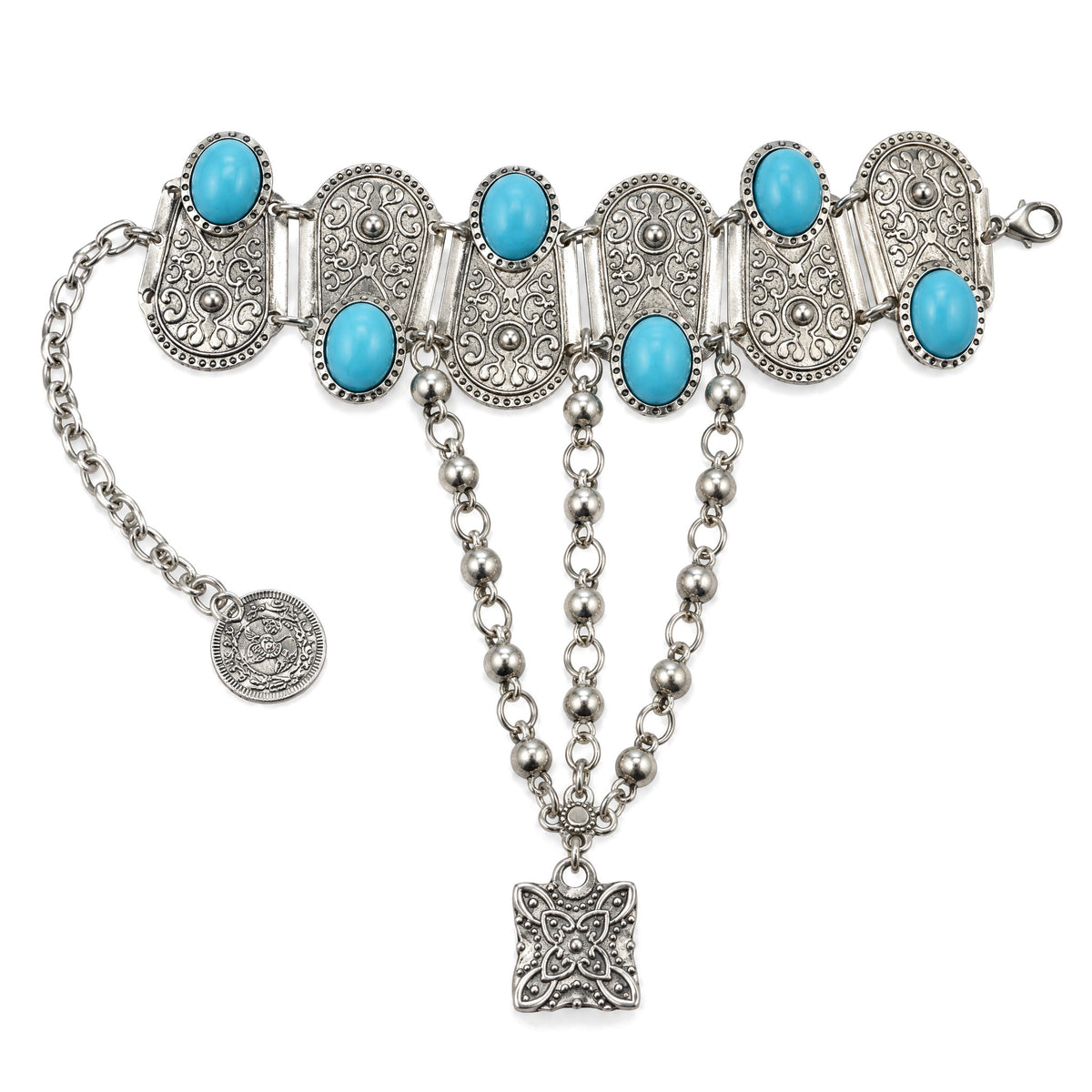 Boho Turquoise Flower Ring Bracelet Hand Chain, Default Title, on a white background