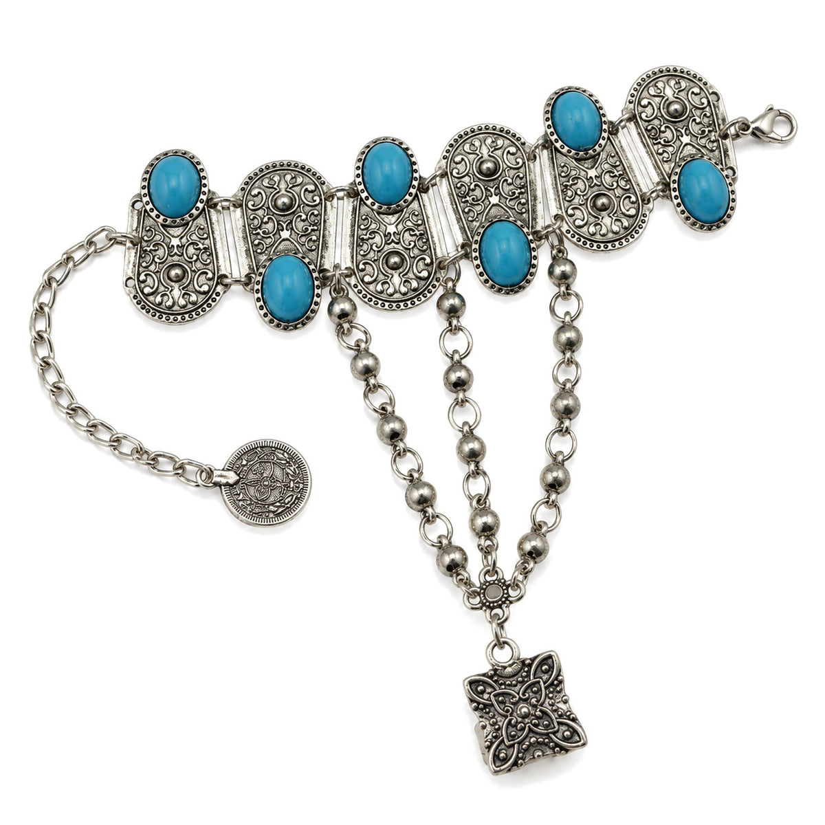 Boho Turquoise Flower Ring Bracelet Hand Chain, detail on a white background