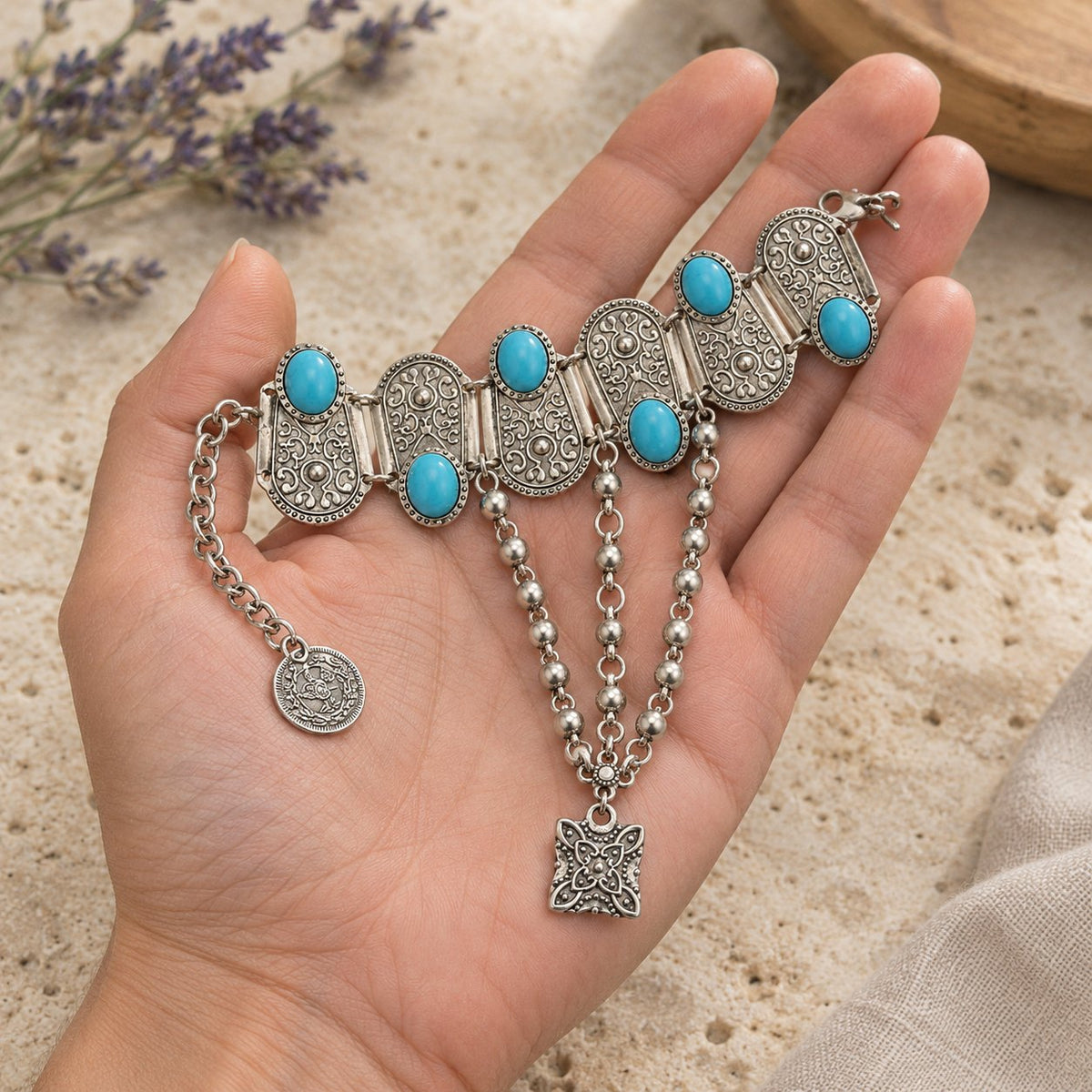 Boho Turquoise Flower Ring Bracelet Hand Chain, held in the hand to show its real size