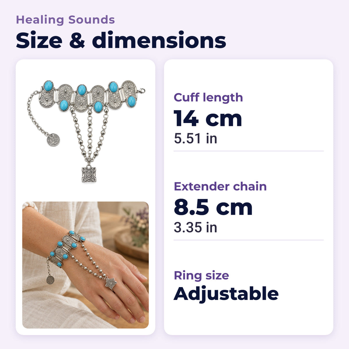 Boho Turquoise Flower Ring Bracelet Hand Chain, size and dimensions in millimetres and inches
