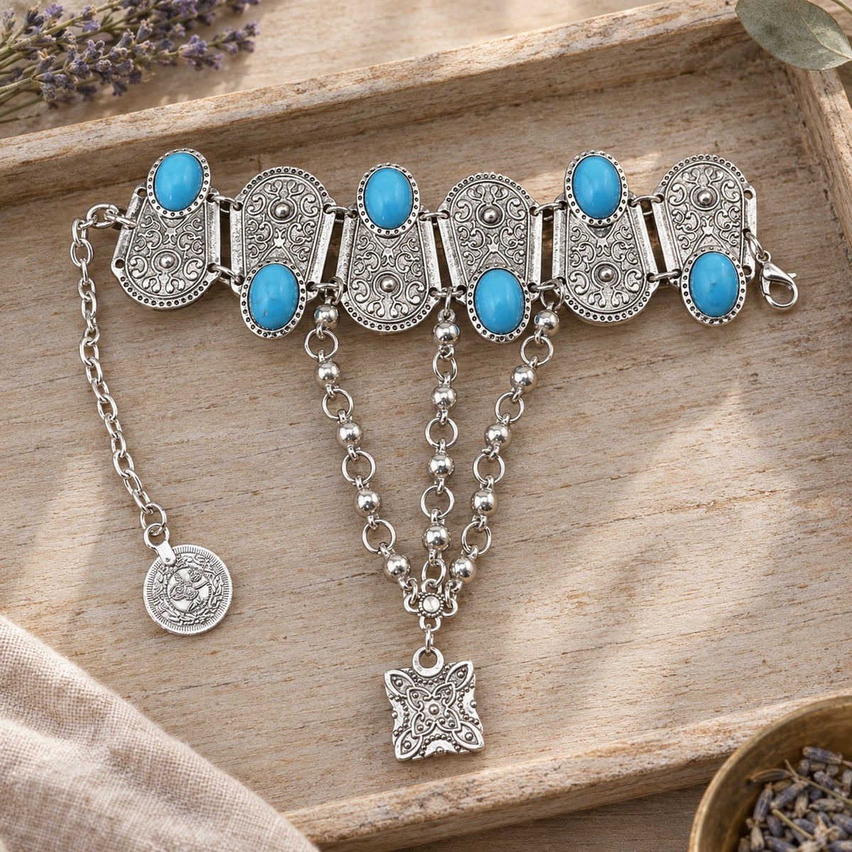 Boho Turquoise Flower Ring Bracelet Hand Chain, whole piece laid