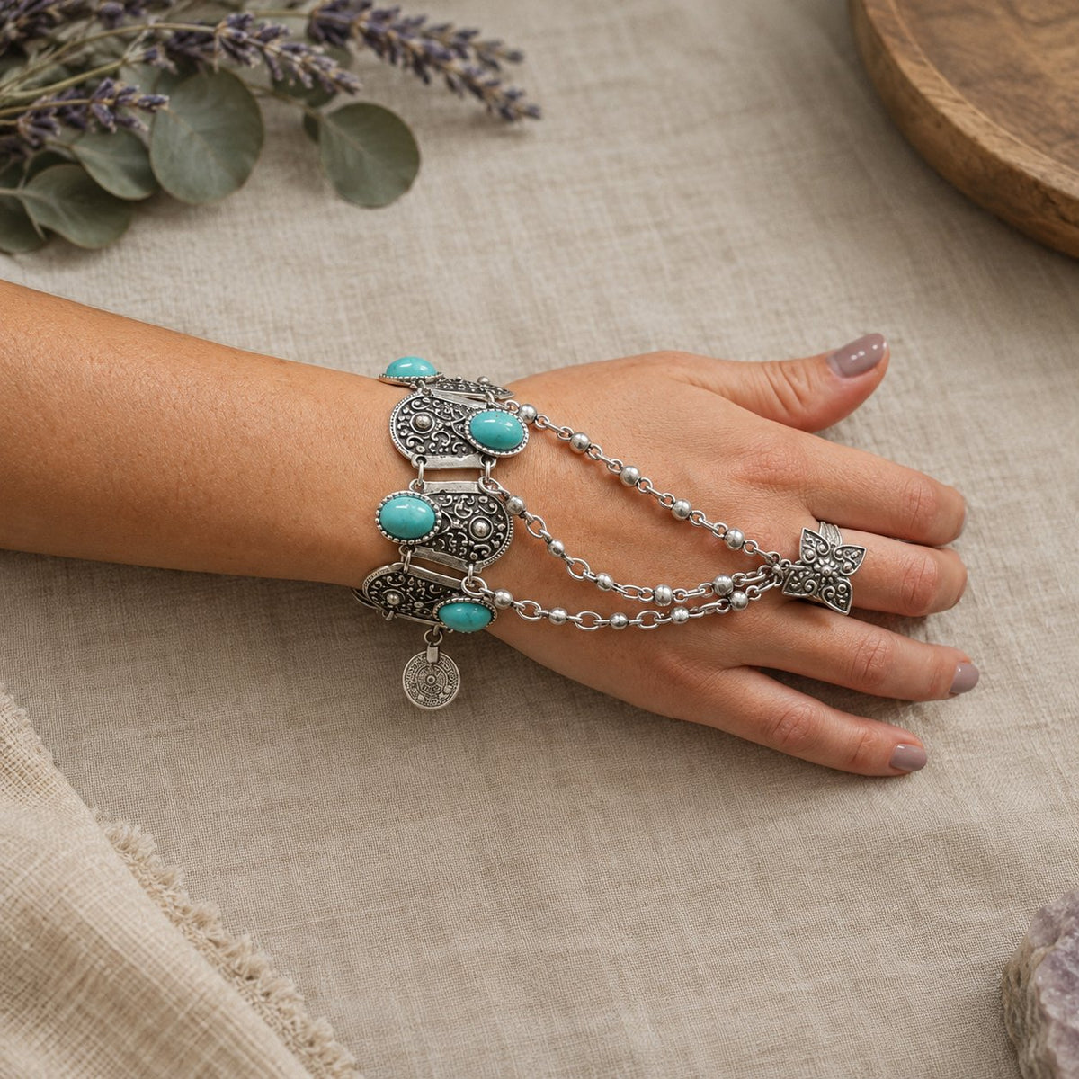 Boho Turquoise Flower Ring Bracelet Hand Chain, worn on wrist and hand, side view
