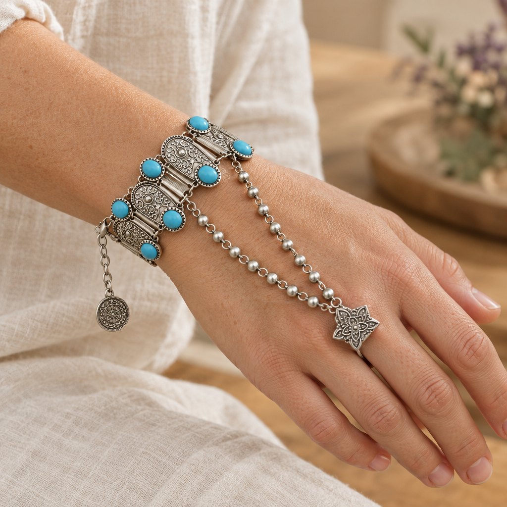 Boho Turquoise Flower Ring Bracelet Hand Chain, worn on the wrist by a woman